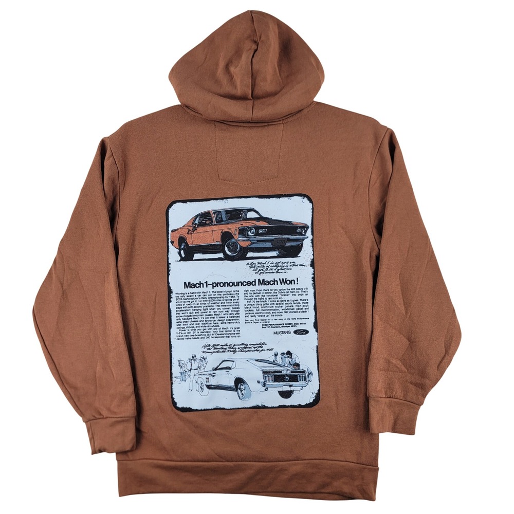 Ford Mustang Hoodie Mens Medium Brown Mach 1 Vintage Graphic Pullover 0992